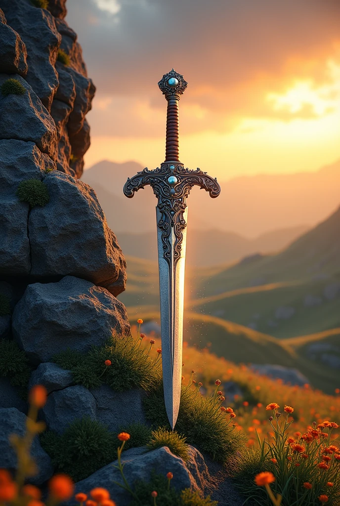 masterpiece、Highest quality、Very detailed、Ultra-high resolution、Sword stuck in a rock、Aura of the wind