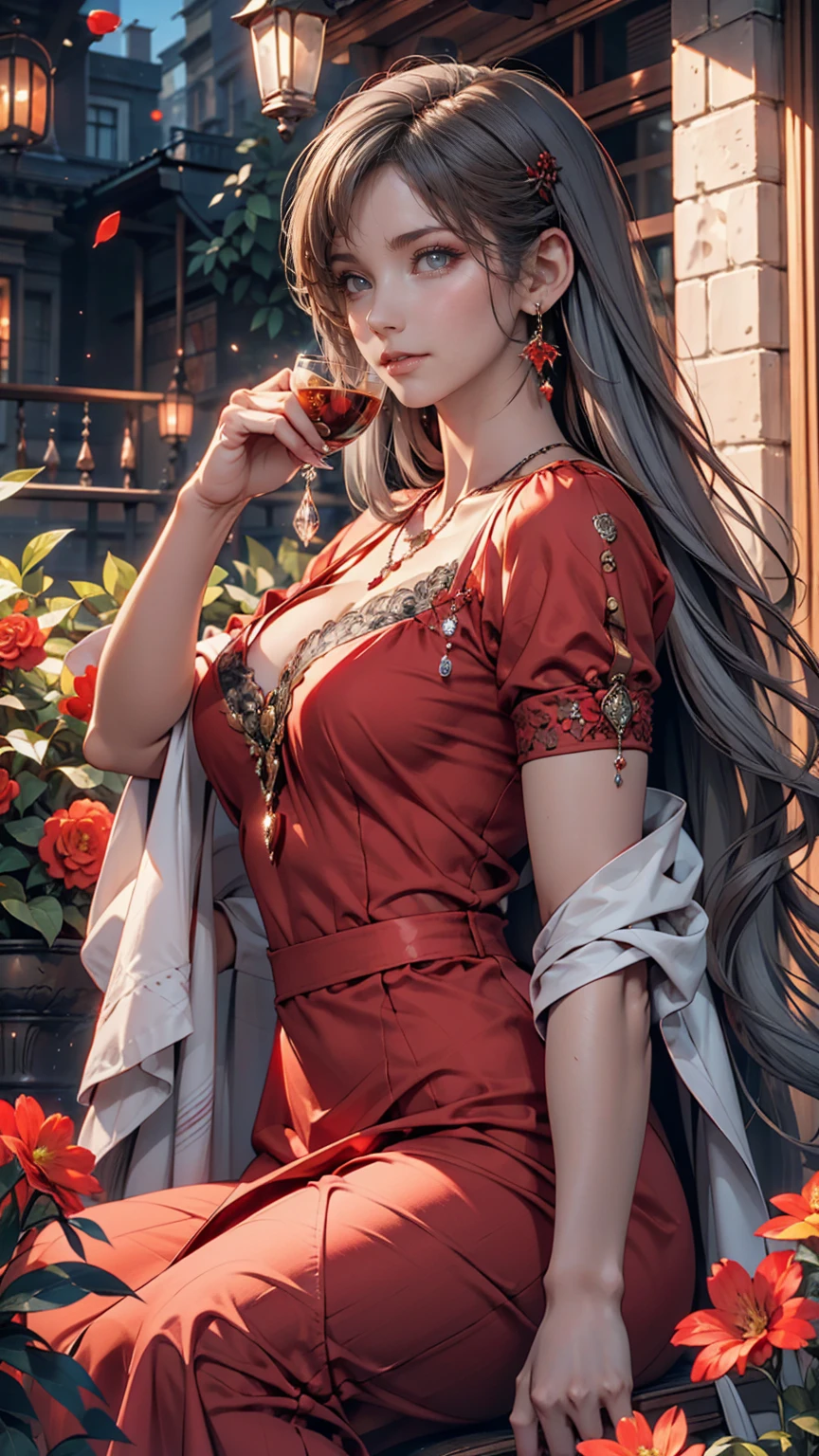 Gray-haired woman, Grey Eyes, Royalty, Red dress, Red Jewelry, Red earrings, Lunar, noble, Lady, high quality, Very detailed, Detailed face, masterpiece, city, Drinking tea, garden, Flowers, Light