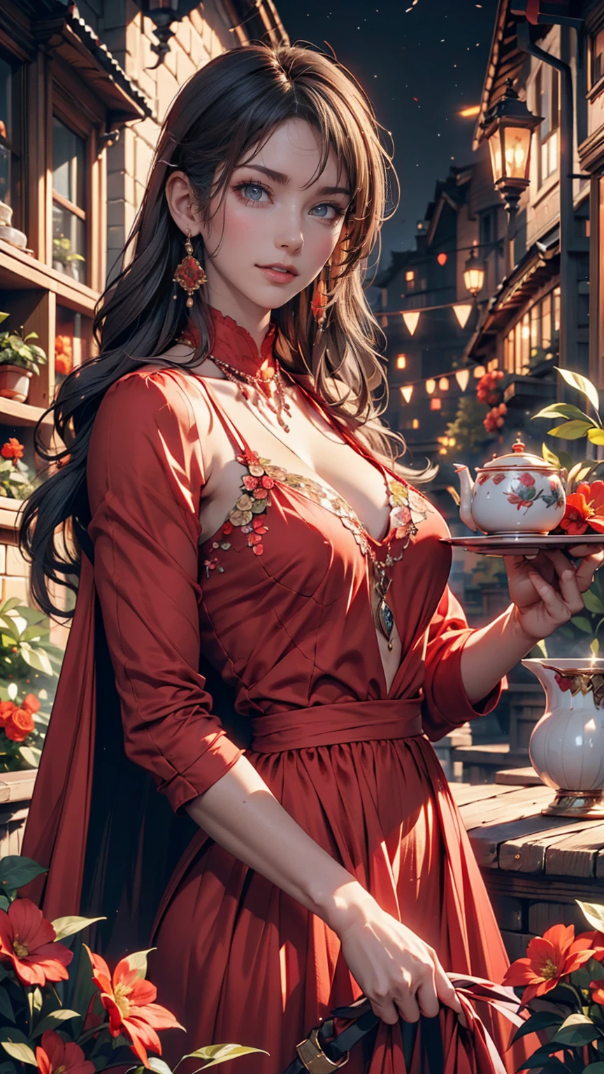Gray-haired woman, Grey Eyes, Royalty, Red dress, Red Jewelry, Red earrings, Lunar, noble, Lady, high quality, Very detailed, Detailed face, masterpiece, city, Drinking tea, garden, Flowers, Light