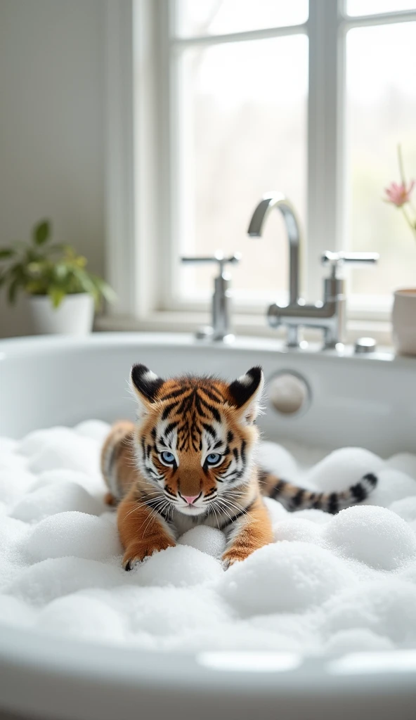 A cute little tiger, Big bright eyes, Fluffy, Delicate and exquisite, Real version of tiger cub,Play with real white foam in the bathroom,Pure white high-end bathroom background
