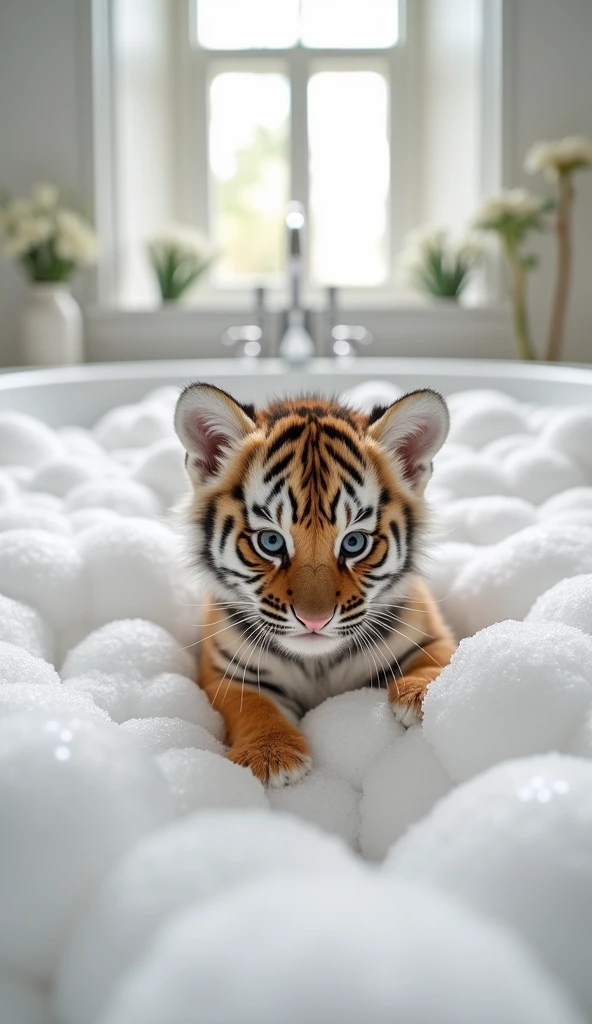 A cute little tiger, Big bright eyes, Fluffy, Delicate and exquisite, Real version of tiger cub,Play with real white foam in the bathroom,Pure white high-end bathroom background