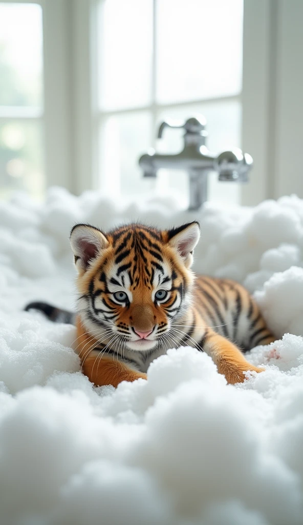 A cute little tiger, Big bright eyes, Fluffy, Delicate and exquisite, Real version of tiger cub,Play with real white foam in the bathroom,Pure white high-end bathroom background
