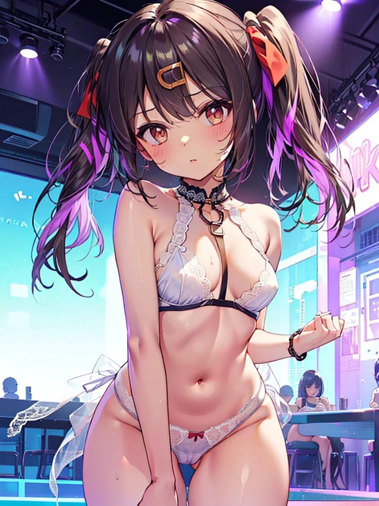 Very beautiful girl, See through,Beautiful and fair、Beautiful Skin、Glowing Skin, bright, Refreshing and gentle look, Perfect beautiful face、Beautiful shiny bangs, Small breasts,Lace dress,See through,(((女性のためのsexyな透明なパンティー,Hola,seamless,Low waist,Plain,Quick-drying underwear,sexy))),(To look directly at the crotch.),(Tea-colored hair with a pink ribbon and twin tails:1.23),(((ベルトとストラップ付きのFor women下着セット,Metal Chain,sexyなランジェリー,4 Piece Set,Porn Wear,Nightclub Temptation,For women))),((Underwear is transparent level 25%)),((80% chance of white lace underwear%))