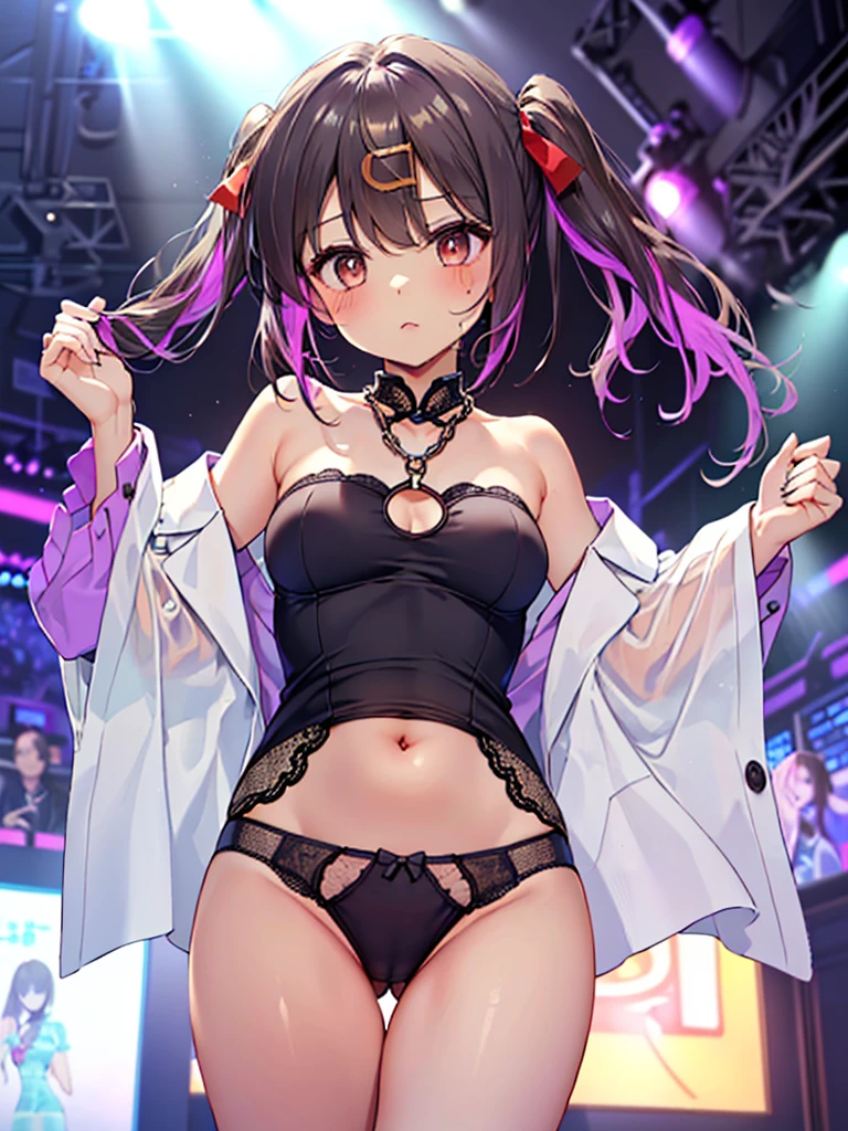 Very beautiful girl, See through,Beautiful and fair、Beautiful Skin、Glowing Skin, bright, Refreshing and gentle look, Perfect beautiful face、Beautiful shiny bangs, Small breasts,Lace dress,See through,(((女性のためのsexyな透明なパンティー,Hola,seamless,Low waist,Plain,Quick-drying underwear,sexy))),(To look directly at the crotch.),(Tea-colored hair with a pink ribbon and twin tails:1.23),(((ベルトとストラップ付きのFor women下着セット,Metal Chain,sexyなランジェリー,4 Piece Set,Porn Wear,Nightclub Temptation,For women))),((Underwear is transparent level 25%)),((80% chance of white lace underwear%))