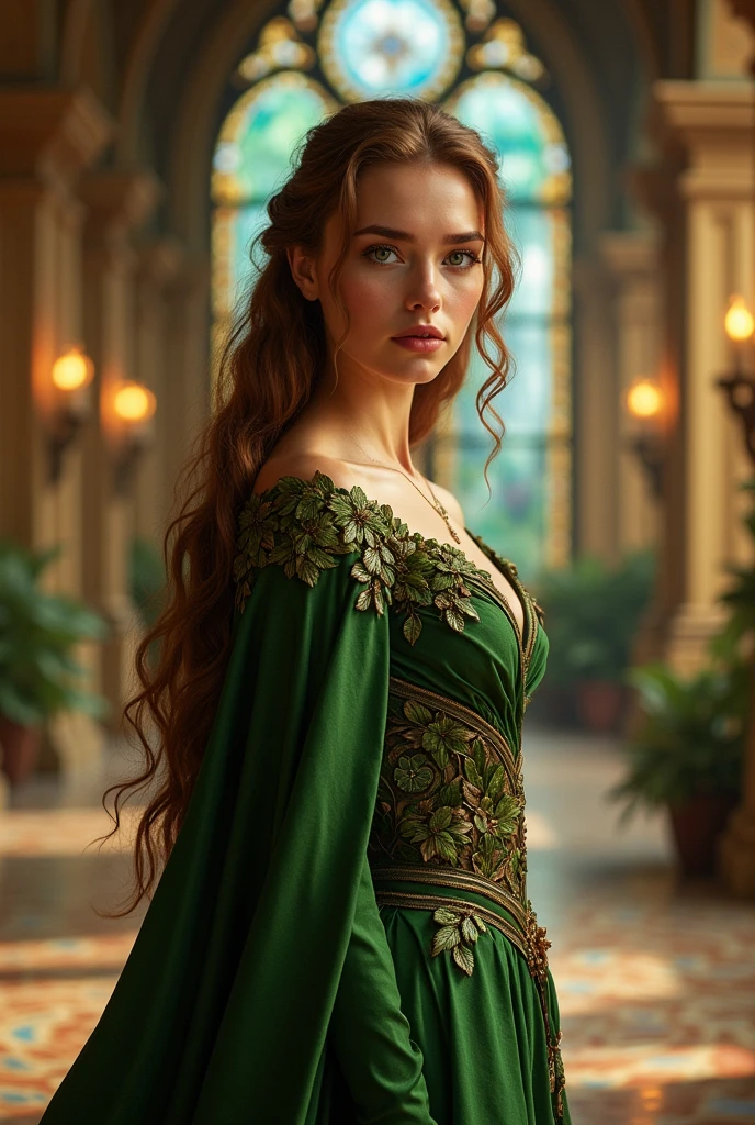 white skin princess in the palace have Queen elsa's face and earthy brown hair, with eyes that are deep green, like a forest. Her clothing would likely be in natural tones—greens, browns, and golds—with leaf and vine motifs. Queen elsa's face