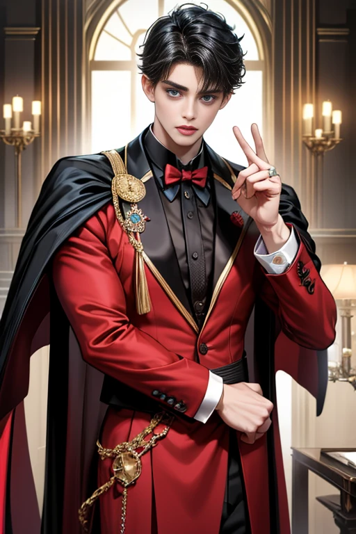 masterpiece, 最high quality, high quality, 1 boy, alone, Male focus, Upper Body,Watching the audience, Messy black hair, Adorable big blue eyes, White, Noble, Noble,A black and red cape that is bursting with sexy volume、Tuxedo、A very voluminous, large, very large, very large, long, long red and black cape with a high stand-up collar, made of a lot of fabric that reaches down to the floor., ,cute beautiful,Cute, cute, kind, handsome guy