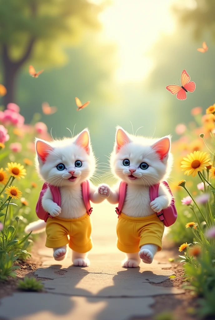 A white kitten in yellow half pant and a white kitten in pink half pant go to school with school bags laughingly