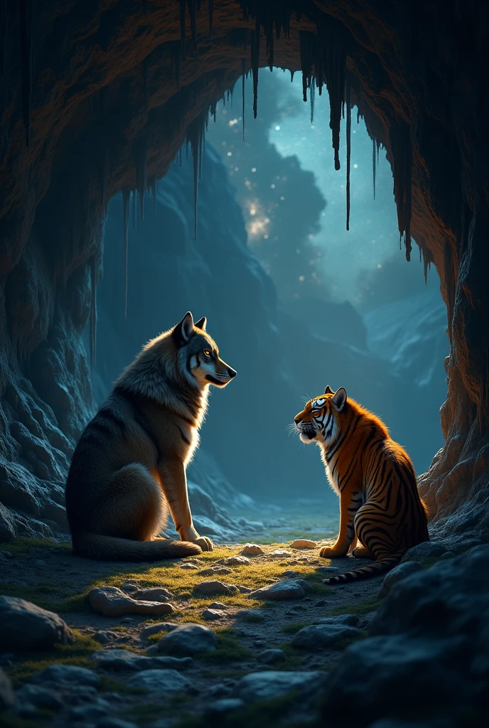 In the cave, the wolf ponders and the wolf and the tiger become friends again.