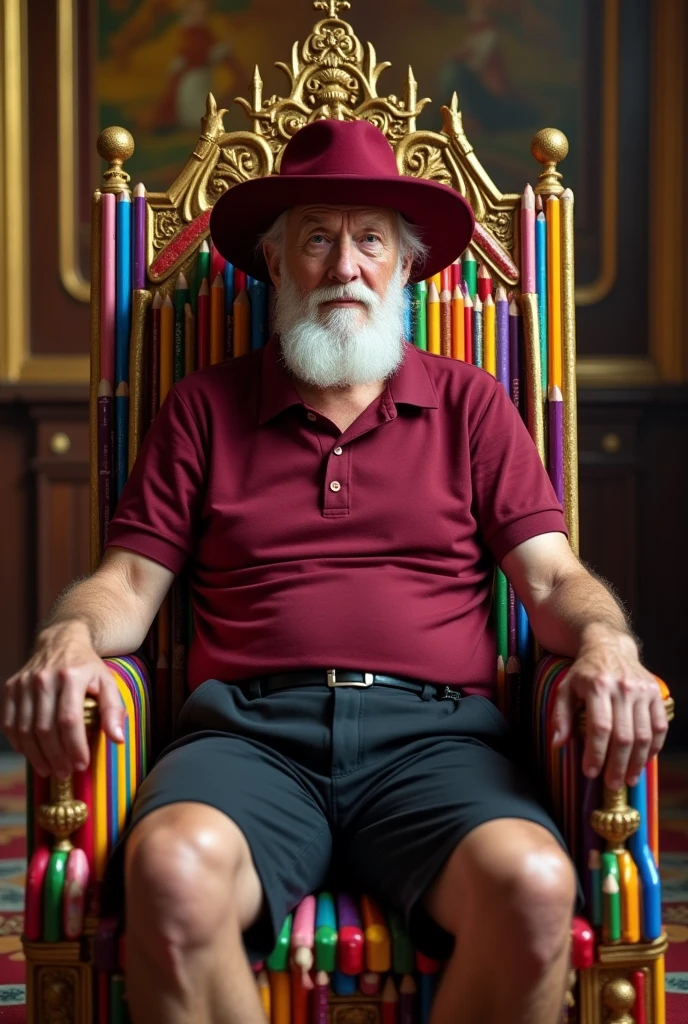 An old white royal clean shaven man sitting on a throne. The throne is  made from pencils and pens. He is wearing maroon polo and black school shorts. The image would look like a painting from the 1600s. His crown is a maroon wide brim hat.