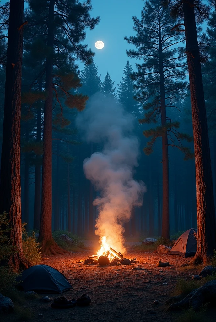 Campsite in the forest at night without person and smoke ghostly figure