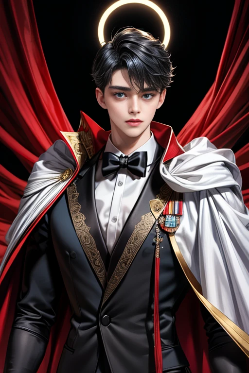masterpiece, 最high quality, high quality, 1 boy, alone, Male focus, Upper Body,Watching the audience, Messy black hair, Adorable big blue eyes, White, Noble, Noble,A black and red cape that is bursting with sexy volume、Tuxedo、A very voluminous, large, very large, very large, long, long red and black cape with a high stand-up collar, made of a lot of fabric that reaches down to the floor., ,cute beautiful,Cute, cute, kind, handsome guy