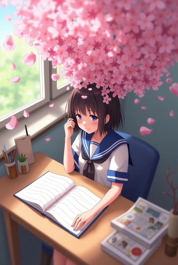A large amount of cherry blossom petals come out of the head of a girl studying in a sailor uniform.、Scattered illustrations。Composition from above