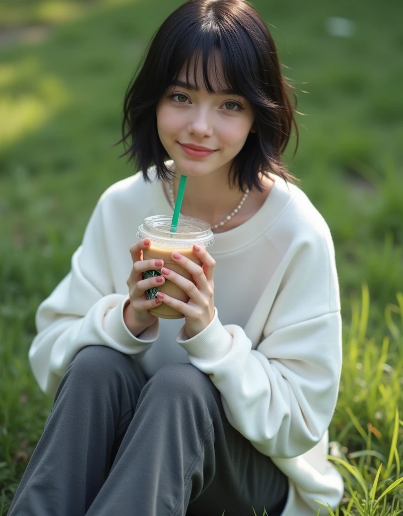 (RAW photo, best quality, masterpiece: 1.2), (photorealistic: 2), (Polish girl, 20 years old, black hair, Light grey eyes, short bob cut, hair in 7 thirds, hair over one ear, Symmetrical eyes, solo, Detailed Skin:1.1), Wearing a white oversized sweatshirt, dark grey pants, light blue and white Nike Jordans, a small pearl necklace, sitting Indian style on the grass, drinking a Starbucks latte from a clear cup with a green straw, angled slightly above, sunny, gel nails, smiling