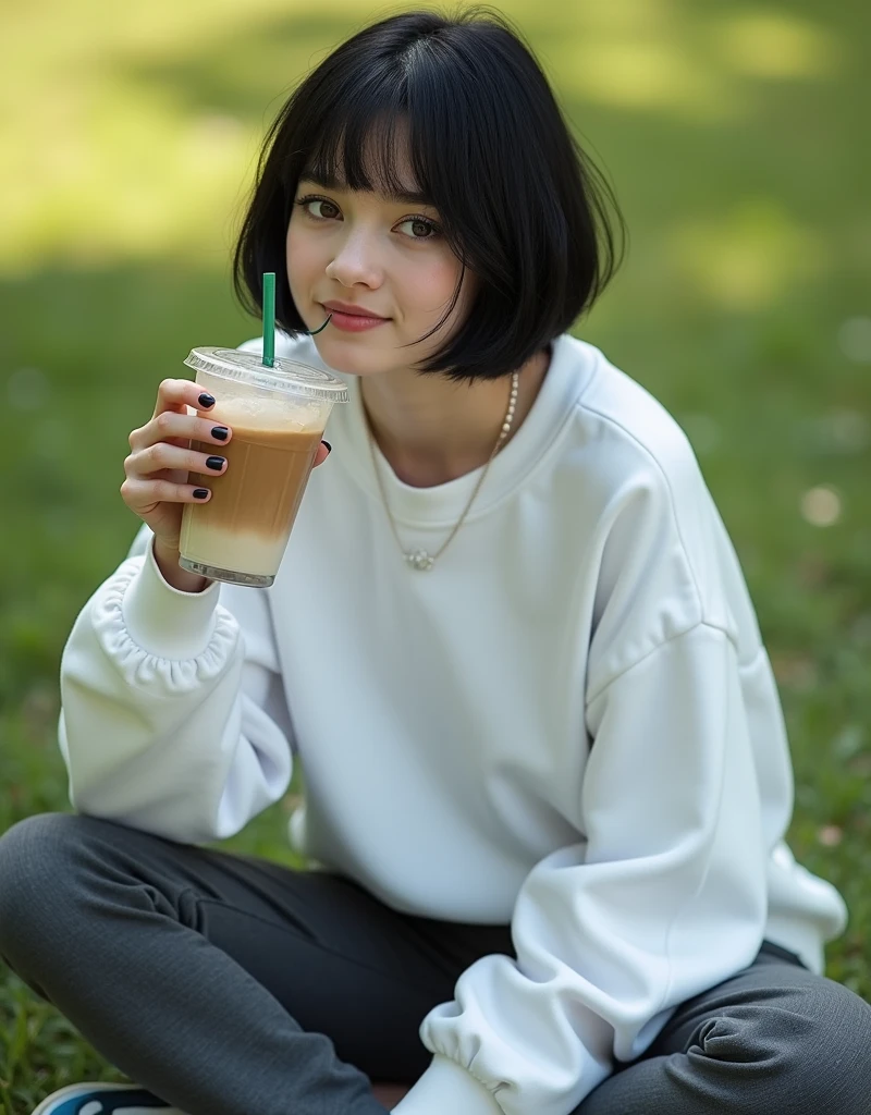 (RAW photo, best quality, masterpiece: 1.2), (photorealistic: 2), (Polish girl, 20 years old, black hair, Light grey eyes, short bob cut, hair in 7 thirds, hair over one ear, Symmetrical eyes, solo, Detailed Skin:1.1), Wearing a white oversized sweatshirt, dark grey pants, light blue and white Nike Jordans, a small pearl necklace, sitting Indian style on the grass, drinking a Starbucks latte from a clear cup with a green straw, angled slightly above, sunny, gel nails, smiling