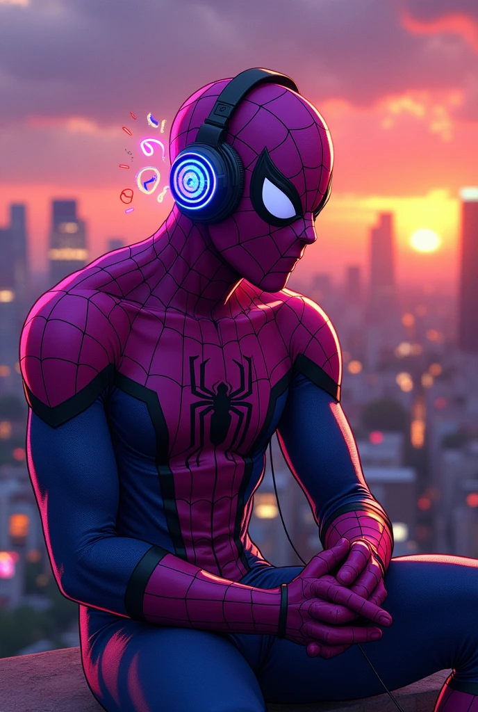 Spiderman purple, listens to music with headphones