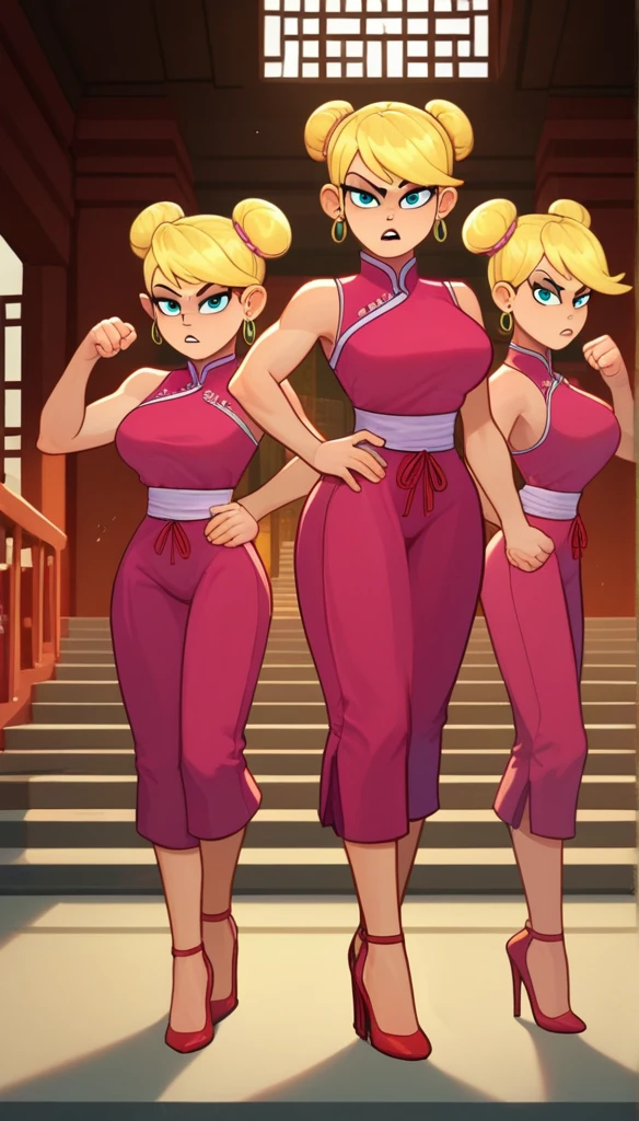 lola loud, 3girls, trio, 24yo girl, large breasts, pink cheongsam, inside of a chinese temple, looking at viewer, blonde hair, two hair buns , hands score_9, score_8_up, score_7_up, high heels, teep fighting stance,martial arts, stairs behind her, guarding the stairs, they wear the same outfit, they are twins