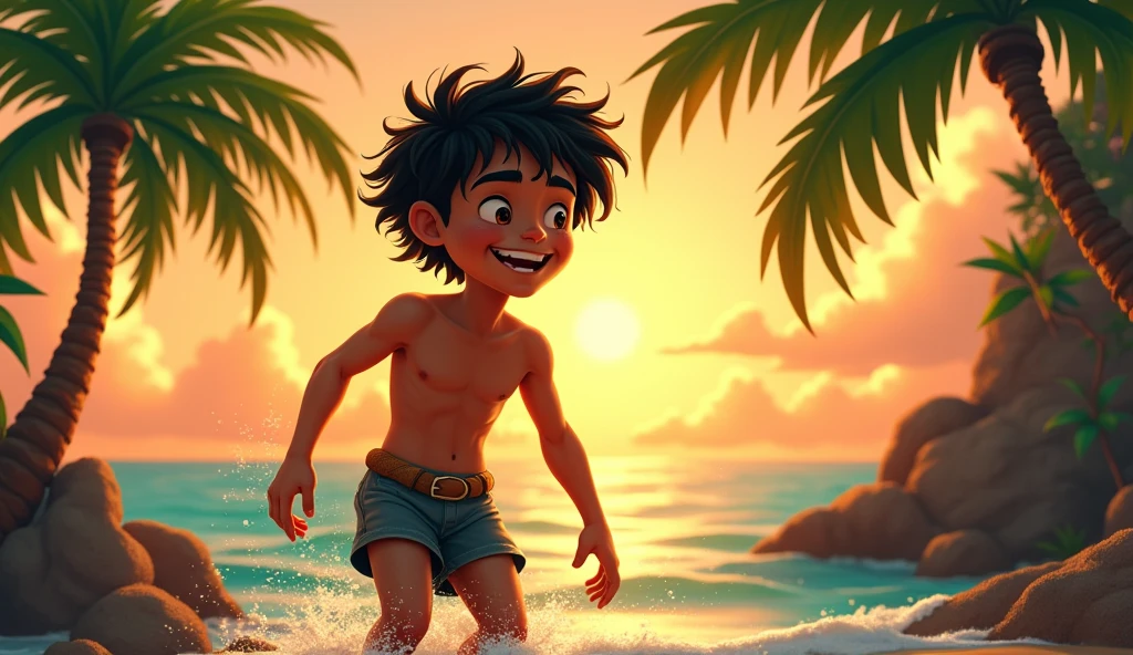 Kai is a lean, wiry ager with tanned skin from long days spent under the sun. His hair is dark and unruly.The boy returning to his village, greeted by curious and relieved villagers, the sea now calm and peaceful."