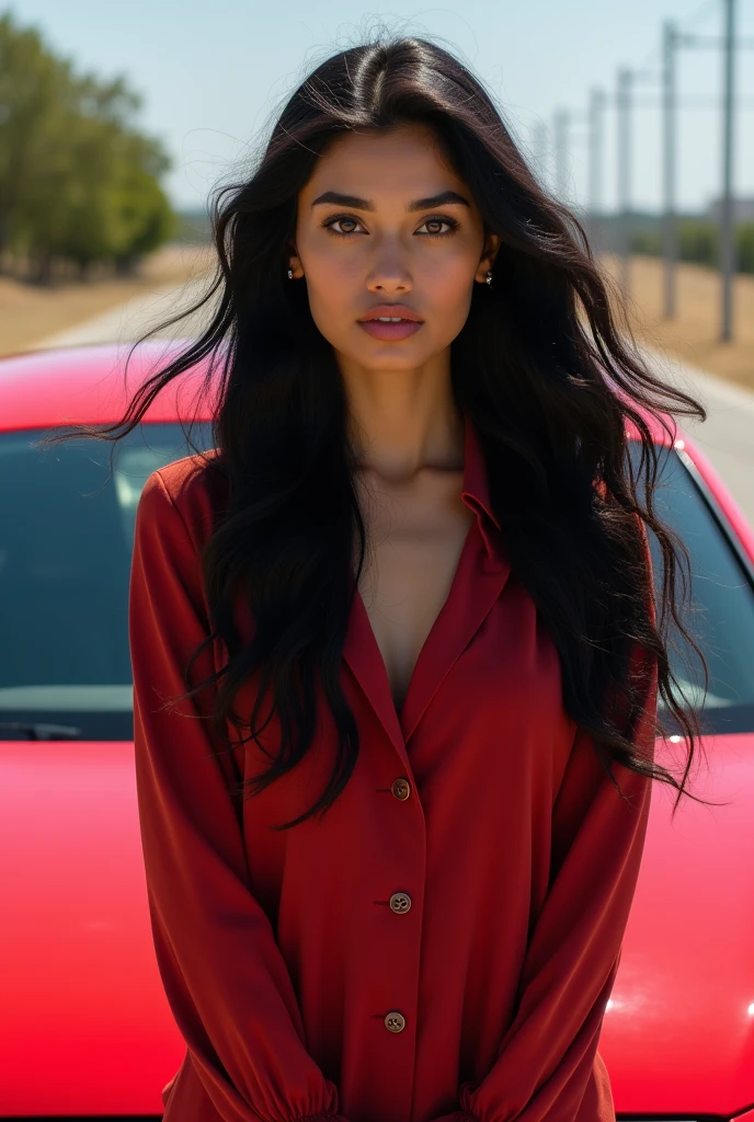 Generate a stunning bold female model with classic Indian features. She is 5’8” tall with fair, flawless skin and long, flowing black hair weight 60kg. Her eyes are large and expressive, with a warm brown color, framed by thick lashes. She has high cheekbones, a well-defined jawline, and full lips with a natural pink hue that enhances her beauty,
Posing beside audi sedan car in red color
