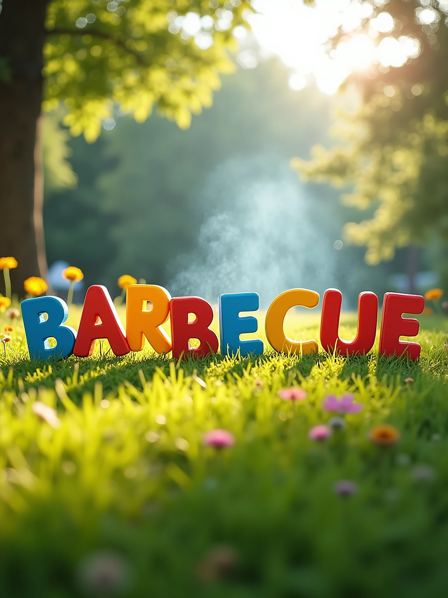 "Barbecue" text with sunny green lawn in the background