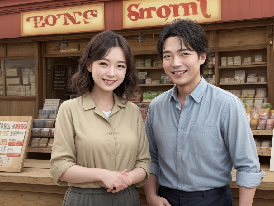 Please draw a scene where the store manager is smiling.。The background is a stylish general store
