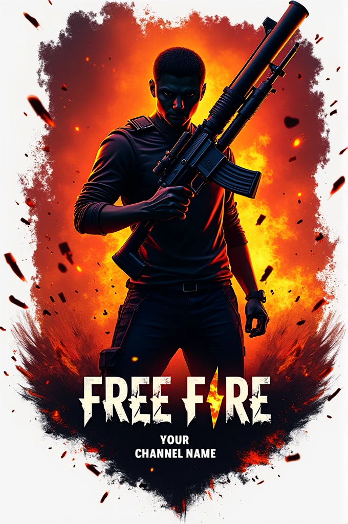"Design a dynamic logo featuring a sleek, stylized silhouette of a Free Fire character, holding a weapon, with an intense expression. The background should be a blend of fiery colors like orange and red, with sparks flying, creating an action-packed atmosphere. The text 'Your Channel Name' should be integrated at the bottom in bold, futuristic font."