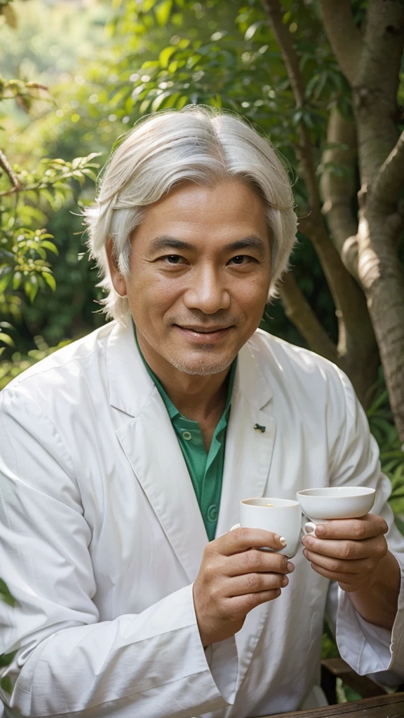 The feng shui master has white hair, a cheerful face, is drinking tea, behind is a scene of fresh green trees.