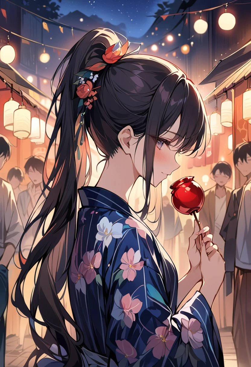 (masterpiece:1.2),(anime),girl、cute、long Hair、ponytail、hair ornaments、Girl wearing yukata、((Holding a candy apple in her hand)),Night stalls、Festivals、summer night、Light production、Beautiful artwork、Detailed drawing、A Scene of Youth,Close-up