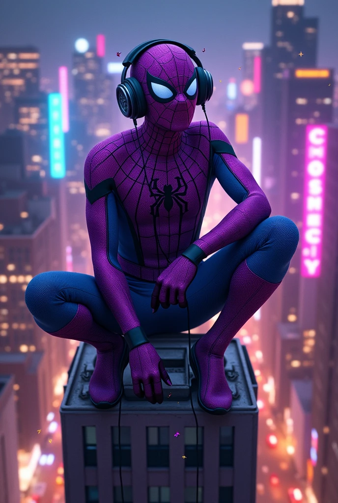 Spiderman purple, listens to music with headphones
