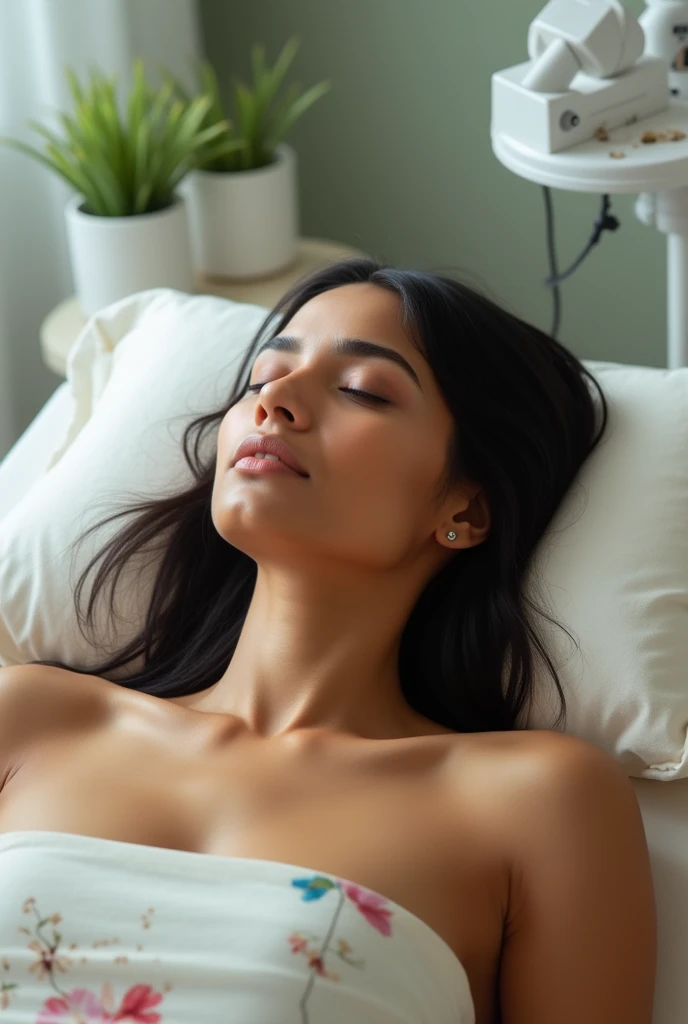 An image of an indian woman face lying on a clinic bed for an IV Glutathione treatment for face glow