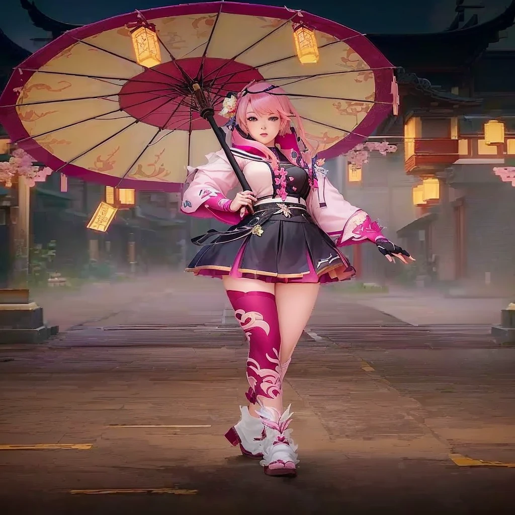 anime girl with pink hair and a pink umbrella in a courtyard, zhongli from genshin impact, keqing from genshin impact, full body xianxia, katana zero video game character, ayaka game genshin impact, ayaka genshin impact, vi from arcane, inspired by Ren Xiong, inspired by Pu Hua
