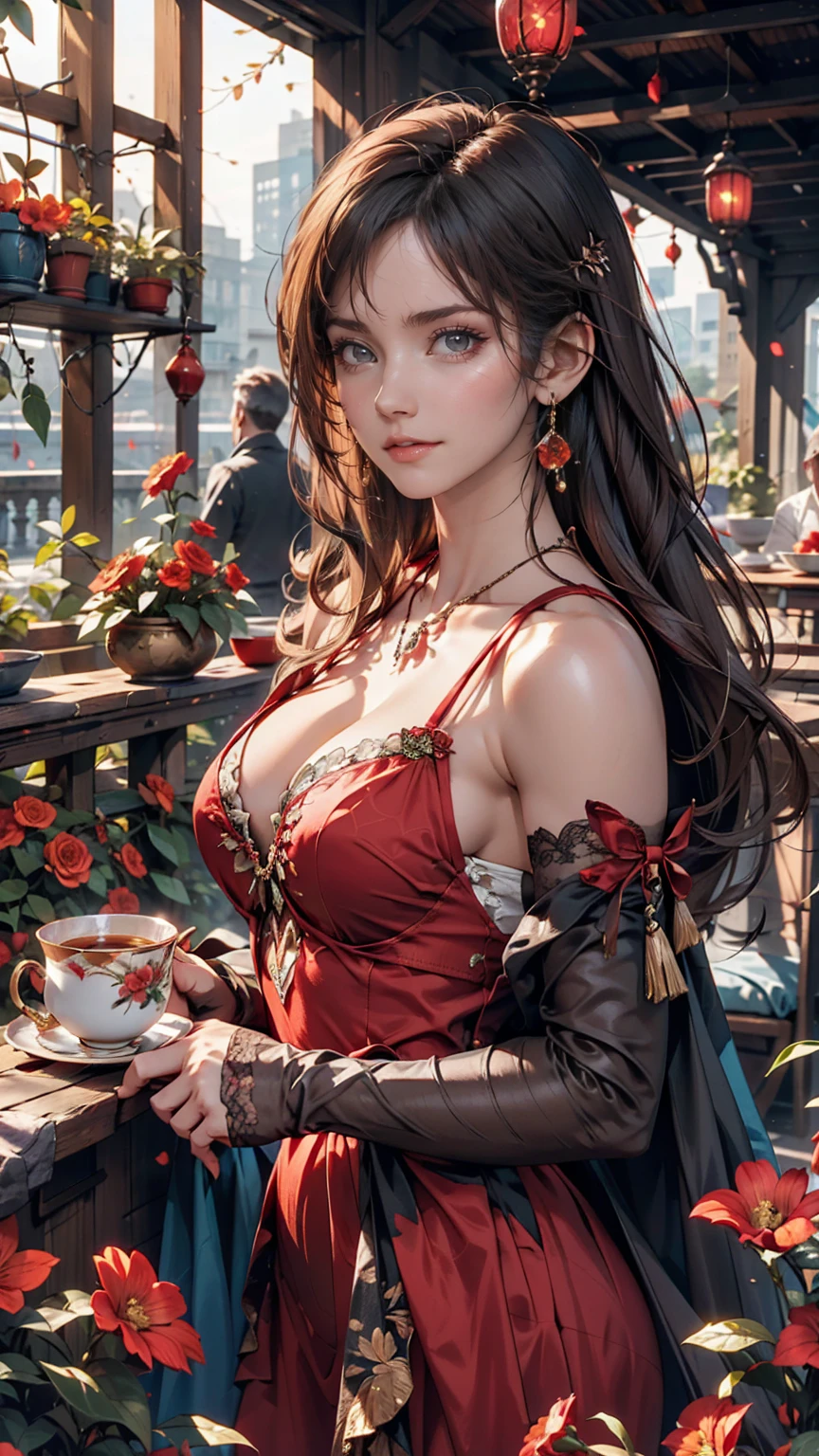 Gray-haired woman, Grey Eyes, Royalty, Red dress, Red Jewelry, Red earrings, Lunar, noble, Lady, high quality, Very detailed, Detailed face, masterpiece, city, Drinking tea, garden, Flowers, Light