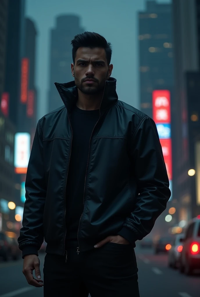 (photorealism:1.2), a man stands in a dark sports jacket against the backdrop of a dark city
