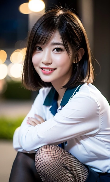(a cute girl with short bob hair or ponytailz wearing a university student uniform, sitting on the ground hugging her feet, wearing fishnet tights and loafers, with white shirt and a pleated skirt, kind smile, beautiful detailed eyes, beautiful detailed face, long eyelashes, beautiful detailed lips, dimpled cheeks, ample bosom, photo-realistic, ultra-detailed, 8k, high resolution portrait illustration, vivid colors, bokeh night background, SFW, )
