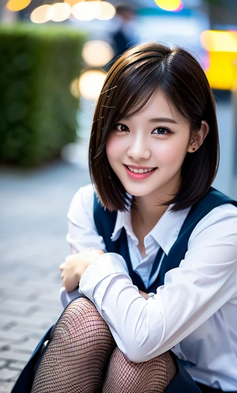(a cute girl with short bob hair or ponytailz wearing a university student uniform, sitting on the ground hugging her feet, wearing fishnet tights and loafers, with white shirt and a pleated skirt, kind smile, beautiful detailed eyes, beautiful detailed face, long eyelashes, beautiful detailed lips, dimpled cheeks, ample bosom, photo-realistic, ultra-detailed, 8k, high resolution portrait illustration, vivid colors, bokeh night background, SFW, )