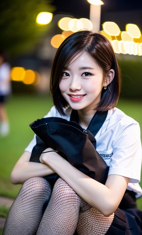 (a cute girl with short bob hair or ponytailz wearing a university student uniform, sitting on the ground hugging her feet, wearing fishnet tights and loafers, with white shirt and a pleated skirt, kind smile, beautiful detailed eyes, beautiful detailed face, long eyelashes, beautiful detailed lips, dimpled cheeks, ample bosom, photo-realistic, ultra-detailed, 8k, high resolution portrait illustration, vivid colors, bokeh night background, SFW, )