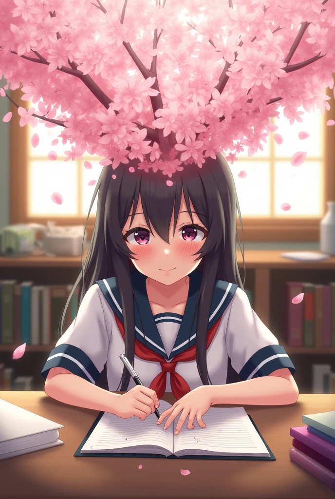 A large amount of cherry blossom petals come out of the head of a girl studying in a sailor uniform.、Scattered illustrations。Composition from above