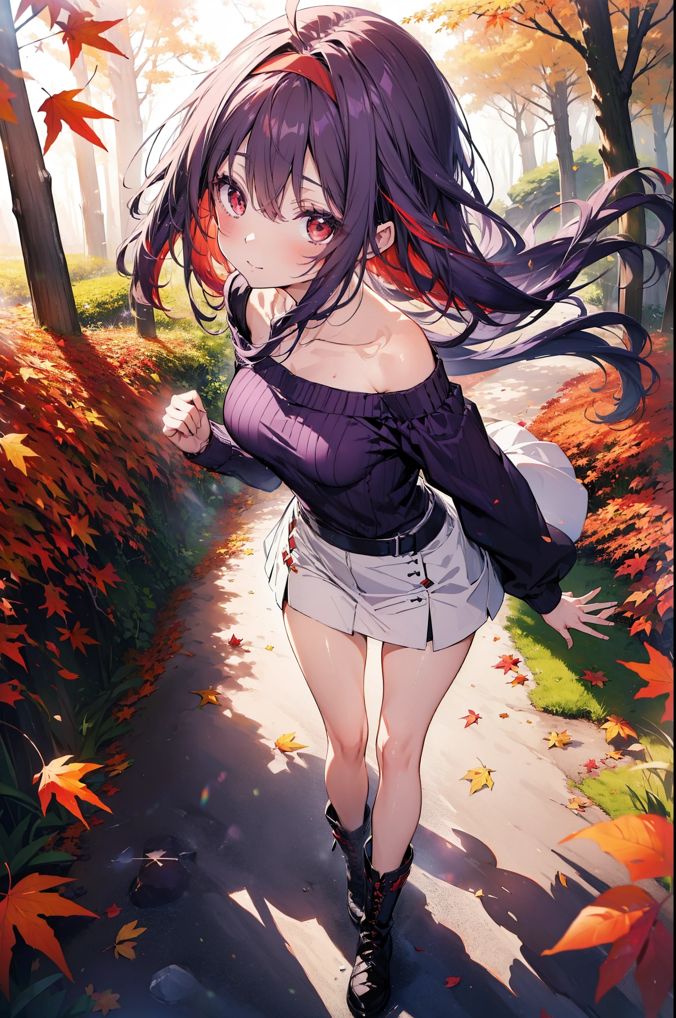 yuukikonno, Yuuki Konno, hair band, Long Hair, Pointed Ears, Purple Hair, Ahoge,(Red eyes:1.5), (Small breasts:1.2), smile,blush,Close your mouth,Purple one-shoulder sweater,mini skirt,Black tights,short boots,Walking,autumn leaves,autumn leaves,scattered,autumn leavesが積もっている,Autumn sky,whole bodyがイラストに入るように,
break looking at viewer, whole body,
break outdoors, garden,forest, nature,
break (masterpiece:1.2), Highest quality, High resolution, unity 8k wallpaper, (figure:0.8), (Beautiful attention to detail:1.6), Highly detailed face, Perfect lighting, Highly detailed CG, (Perfect hands, Perfect Anatomy),