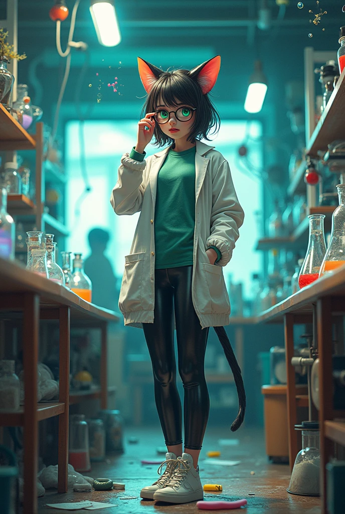 Scientist catgirl in latex leggings