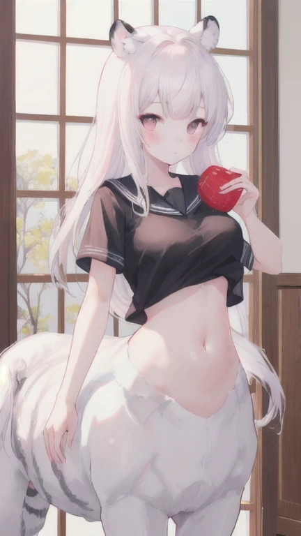 (best quality, masterpiece), 1 girl, centaur, I beg, White skin, Japanese schoolgirl,daughter,black pink, exposing the abdomen, belly button t-shirt , beautiful girl perfect, White tiger photo, 완벽한 White tiger photo