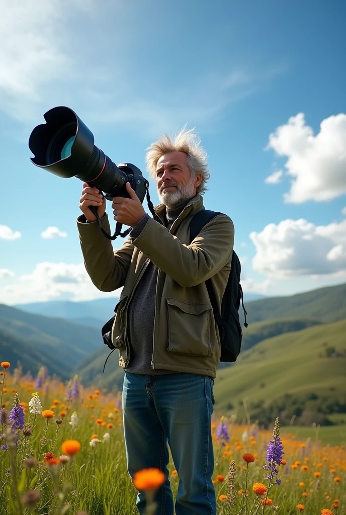 10000mm lens camera canon . Very big lens. Zoom lens. Very long lens.. a man holding camera