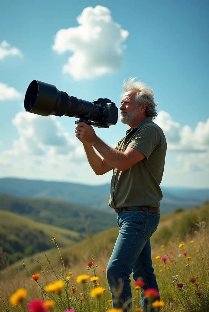 10000mm lens camera canon . Very big lens. Zoom lens. Very long lens.. a man holding camera