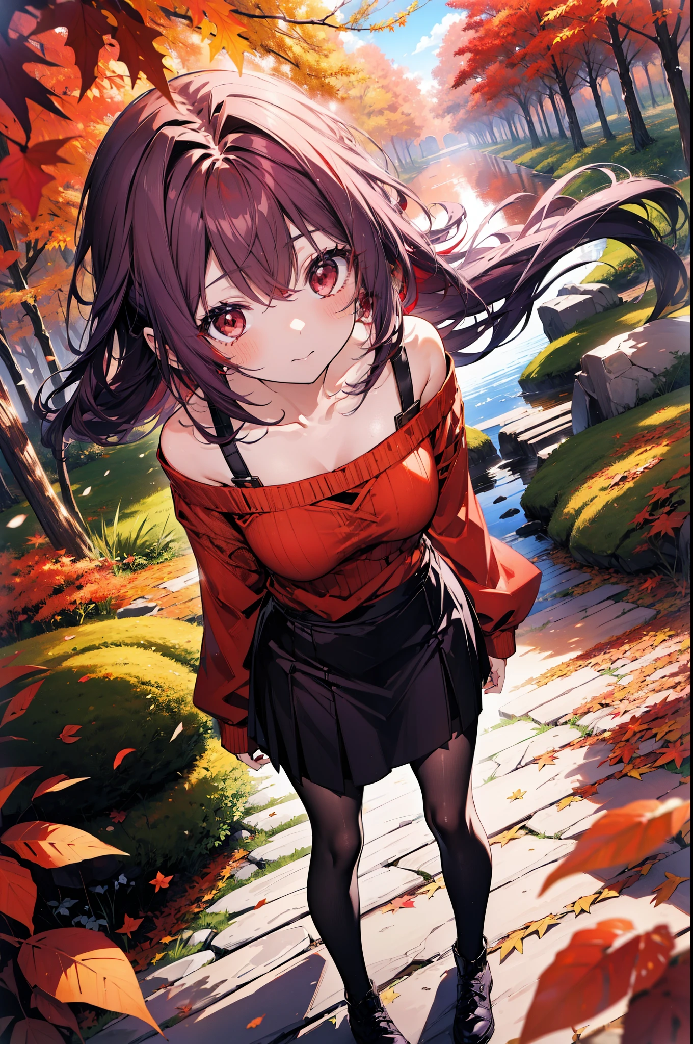 yuukikonno, Yuuki Konno, hair band, Long Hair, Pointed Ears, Purple Hair, Ahoge,(Red eyes:1.5), (Small breasts:1.2), smile,blush,Close your mouth,Purple one-shoulder sweater,mini skirt,Black tights,short boots,Walking,autumn leaves,autumn leaves,scattered,autumn leavesが積もっている,Autumn sky,whole bodyがイラストに入るように,
break looking at viewer, whole body,
break outdoors, garden,forest, nature,
break (masterpiece:1.2), Highest quality, High resolution, unity 8k wallpaper, (figure:0.8), (Beautiful attention to detail:1.6), Highly detailed face, Perfect lighting, Highly detailed CG, (Perfect hands, Perfect Anatomy),