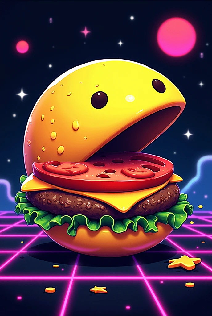 Pac man fused with a hamburger made into a vintage retro 80s pixel art style logo
