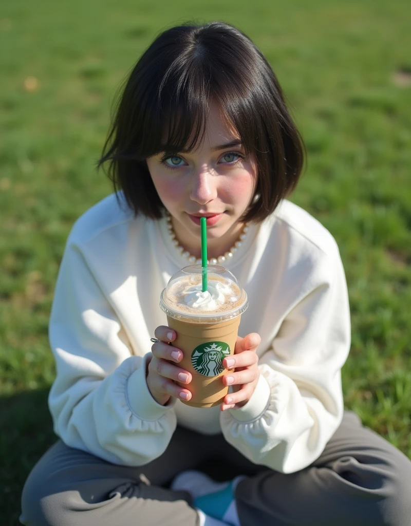 (RAW photo, best quality, masterpiece: 1.2), (photorealistic: 2), (Polish girl, 20 years old, black hair, Light grey eyes, short bob cut, hair in 7 thirds, hair over one ear, Symmetrical eyes, solo, Detailed Skin:1.1), Wearing a white oversized sweatshirt, dark grey pants, light blue and white Nike Jordans, a small pearl necklace, sitting Indian style on the grass, drinking a Starbucks latte from a clear cup with a green straw, angled slightly above, sunny, gel nails, smiling