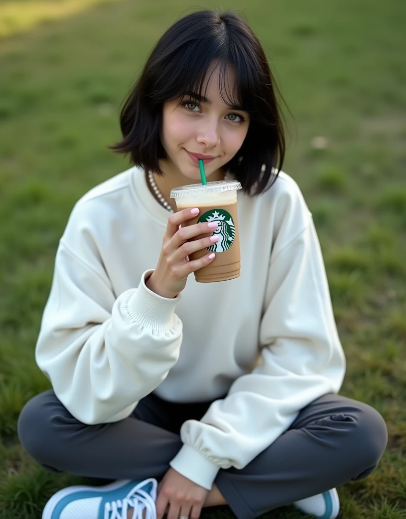 (RAW photo, best quality, masterpiece: 1.2), (photorealistic: 2), (Polish girl, 20 years old, black hair, Light grey eyes, short bob cut, hair in 7 thirds, hair over one ear, Symmetrical eyes, solo, Detailed Skin:1.1), Wearing a white oversized sweatshirt, dark grey pants, light blue and white Nike Jordans, a small pearl necklace, sitting Indian style on the grass, drinking a Starbucks latte from a clear cup with a green straw, angled slightly above, sunny, gel nails, smiling