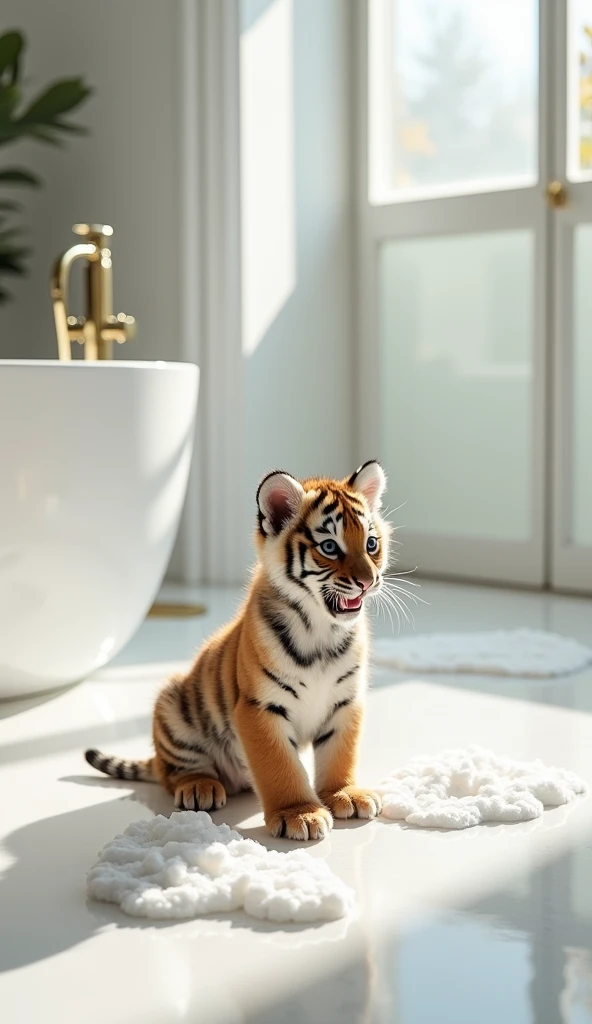 A cute little tiger, sit on the floor，Big bright eyes, Fluffy, Delicate and exquisite, Real version of tiger cub，Play with real white foam in the bathroom，Pure white high-end bathroom background