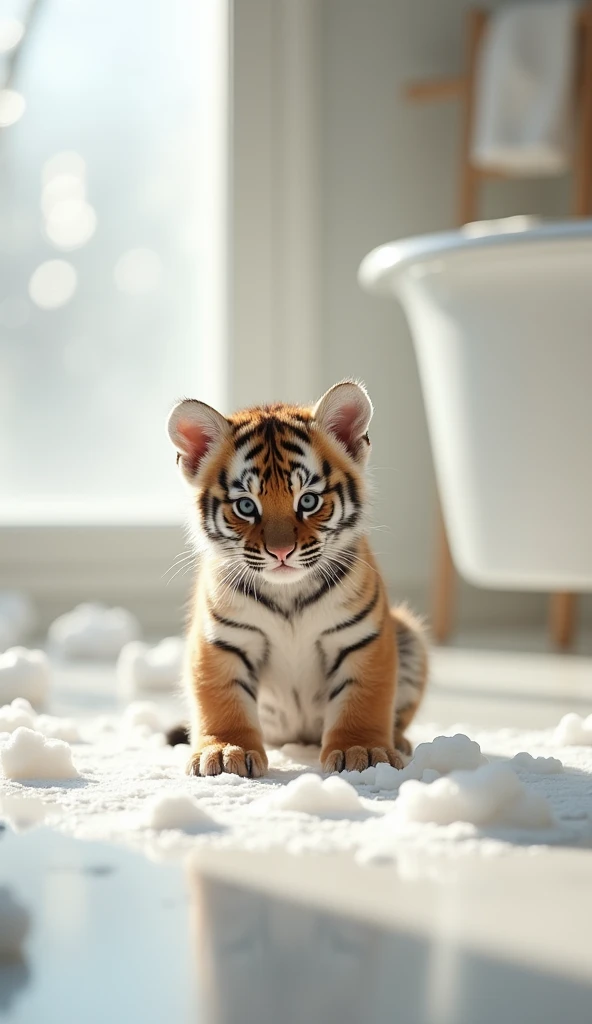 A cute little tiger, sit on the floor,Big bright eyes, Fluffy, Delicate and exquisite, Real version of tiger cub,Play with real white foam in the bathroom,Pure white high-end bathroom background