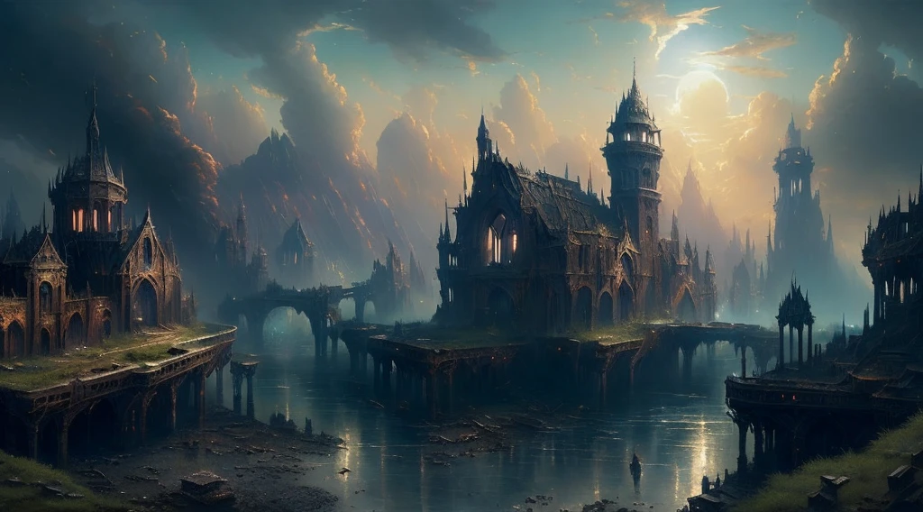 "(by Greg Rutkowski: 1.2), (masterpiece), (best quality), extremely delicate and beautiful, illustration, (fantasy landscape), A mesmerizing fantasy landscape with enchanting elements blending seamlessly. (mystical and otherworldly fantasy landscape with a sense of desolation, a charred and abandoned village in ruins), depth of field, HDR, intricate, delicate"
