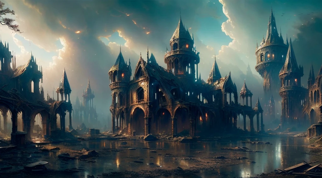 "(by Greg Rutkowski: 1.2), (masterpiece), (best quality), extremely delicate and beautiful, illustration, (fantasy landscape), A mesmerizing fantasy landscape with enchanting elements blending seamlessly. (mystical and otherworldly fantasy landscape with a sense of desolation, a charred and abandoned village in ruins), depth of field, HDR, intricate, delicate"