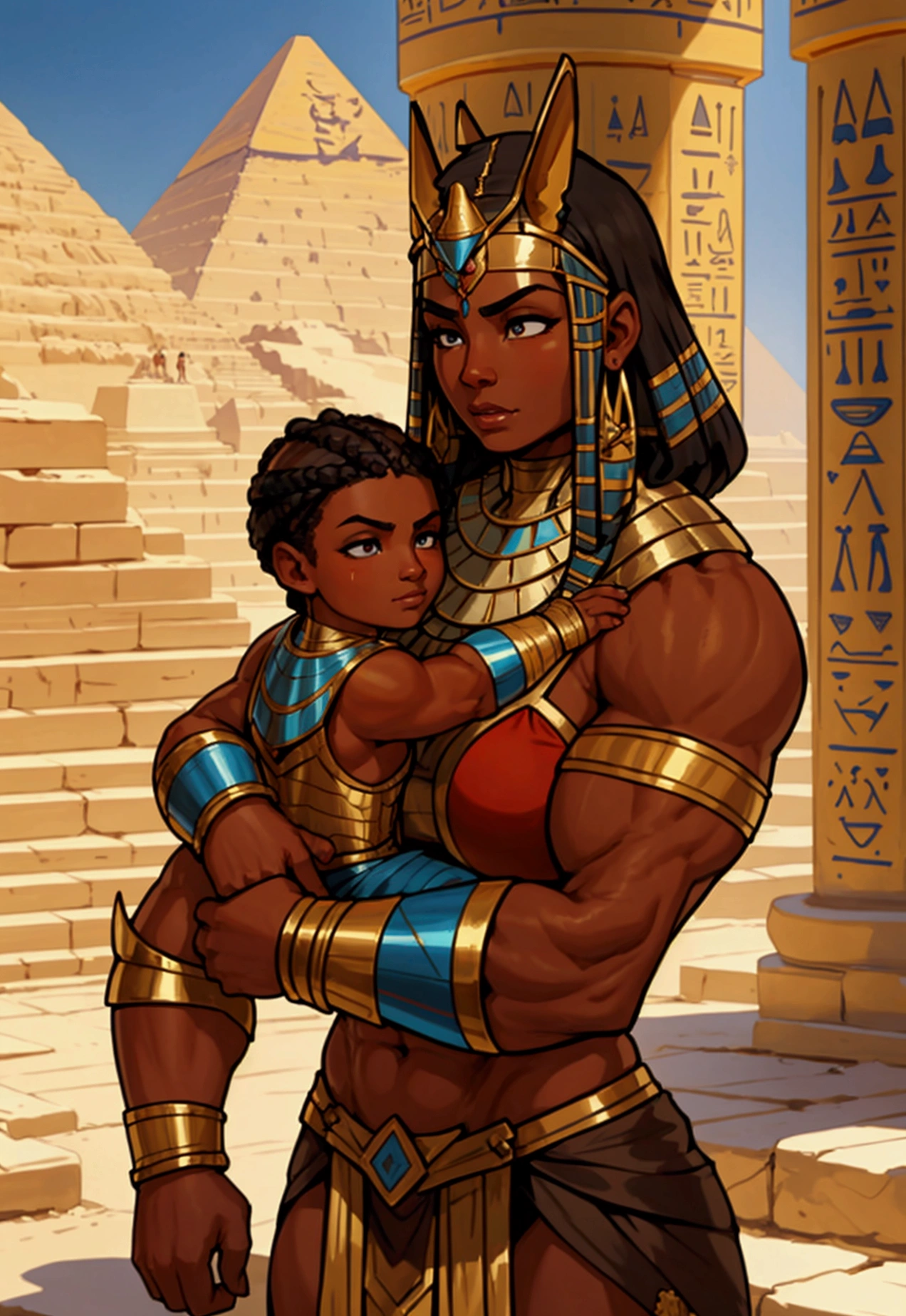 Very huge muscle female ancient egytpian warrior protecting a kid, with adoring look, extremely tanned, dark skinned, huge pecs, oiled skin, sunny, ancient egypt, pyramid on the background